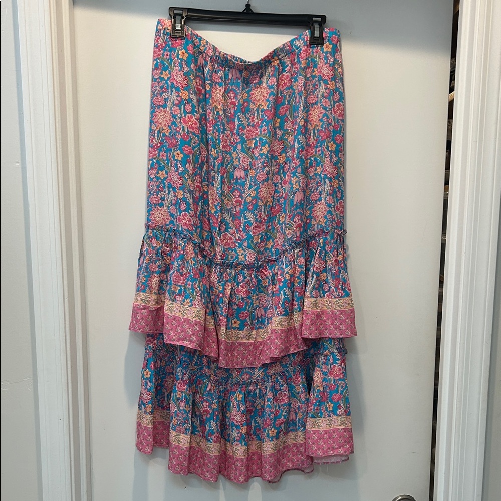 NWT Floral Tiered Skirt in Blue and Pink on Orange.